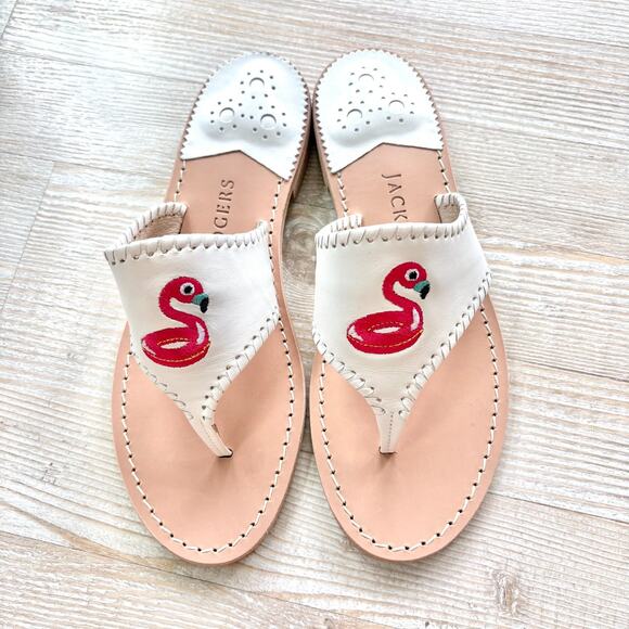 Jack Rogers Embroidered Leather Flamingo Pool Float Sandals | White Size 7.5 - Picture 1 of 6